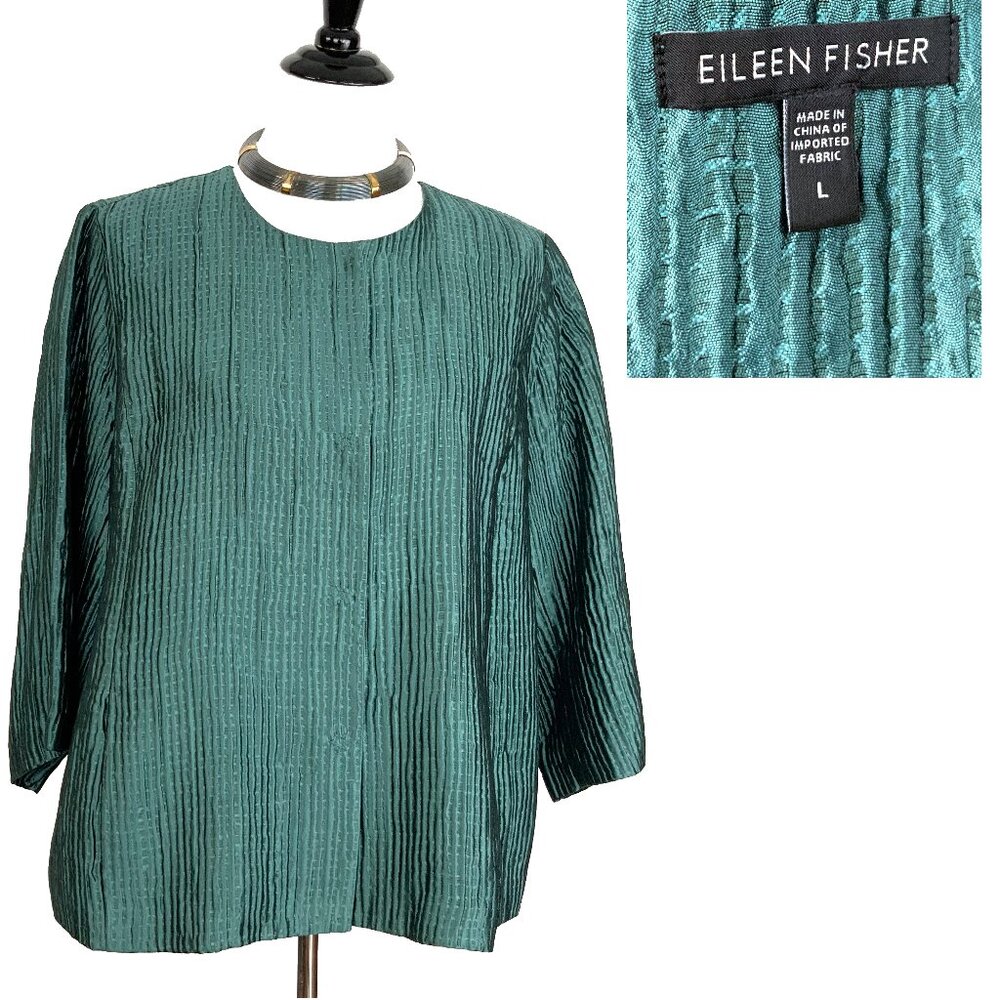 Eileen Fisher Teal Crinkle Silk Lined Jacket Party Formal Sz L